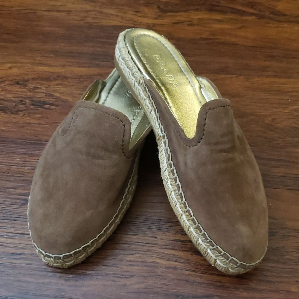Prada Brown Suede Women's Loafers Mule Espadrille Chic Feminine Luxury Size 39.5